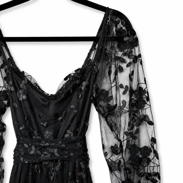 NEW Lulus Darling Charisma Black Mesh Embroidered Balloon Sleeves Midi Dress XS - Image 7