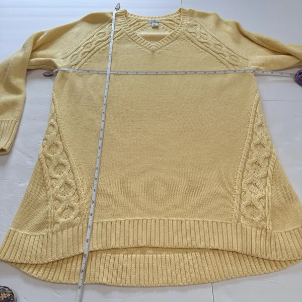 LL Bean Yellow Double L Mixed Cable V Neck Pullover Cotton Sweater LARGE Size XL - Image 7