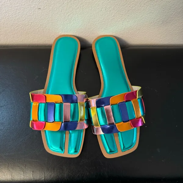 Women’s Metallic Slide Sandals – Color Block Woven Strap, Flat Comfort - Image 5