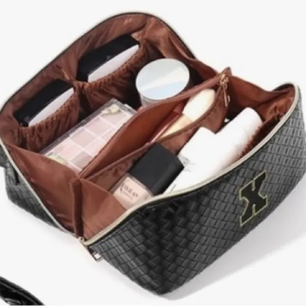 New!Black Woven Travel Toiletry Bag with Gold X Guitar Crossbody Strap - Image 4