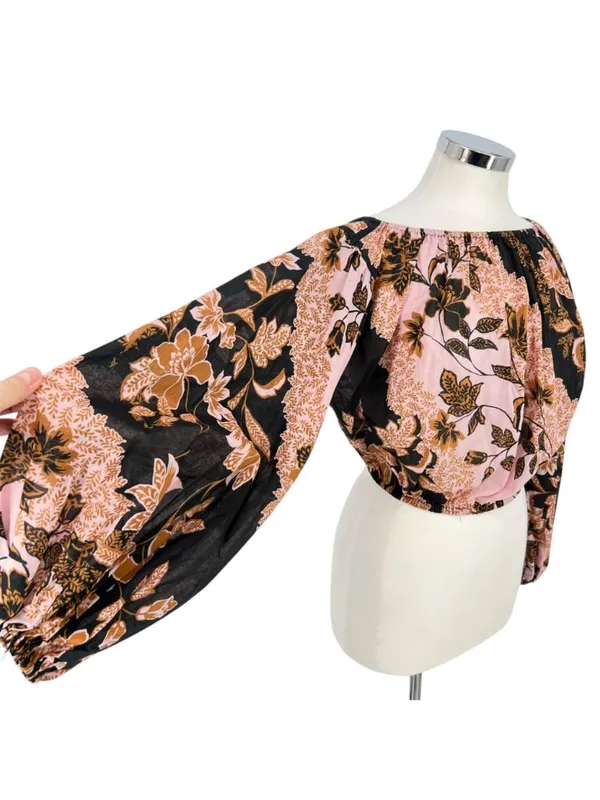 Vici Floral Boho Festival Off-Shoulder Puff Sleeve Blouse Pink Black Size Small - Image 4