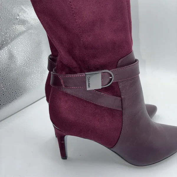 Calvin Klein Jemamine Wide‎ Calf Tall Boots Burgundy Suede Leather Heel Size 6.5 - Image 2