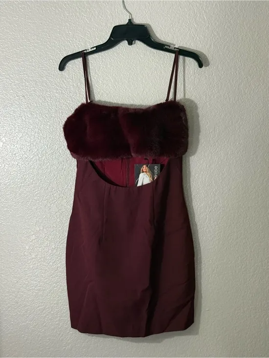 Naked Wardrobe Burgundy Faux Fur Trim Mini Dress Sexy Date Night Club Prom Med - Image 4