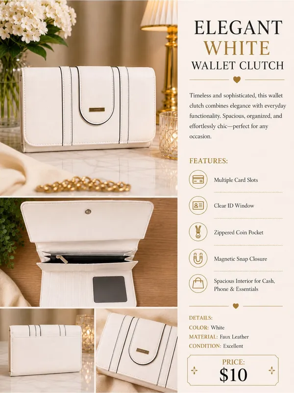 Elegant Faux Leather White Wallet Clutch - Image 2