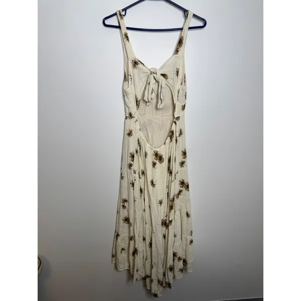 VICI Midi Dress Womens Large Cream Brown Excellent Floral Tie Back Tiered Boho - Image 3