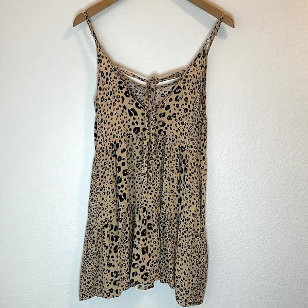 Leopard Print Spaghetti Strap Mini Dress Tan Size M - Image 2