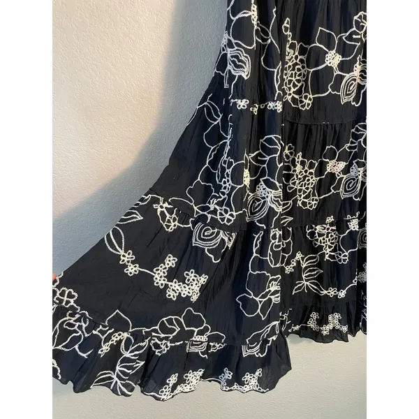 Coldwater Creek Womens L Maxi Skirt Black White Floral Embroidered Tiered Boho - Image 7