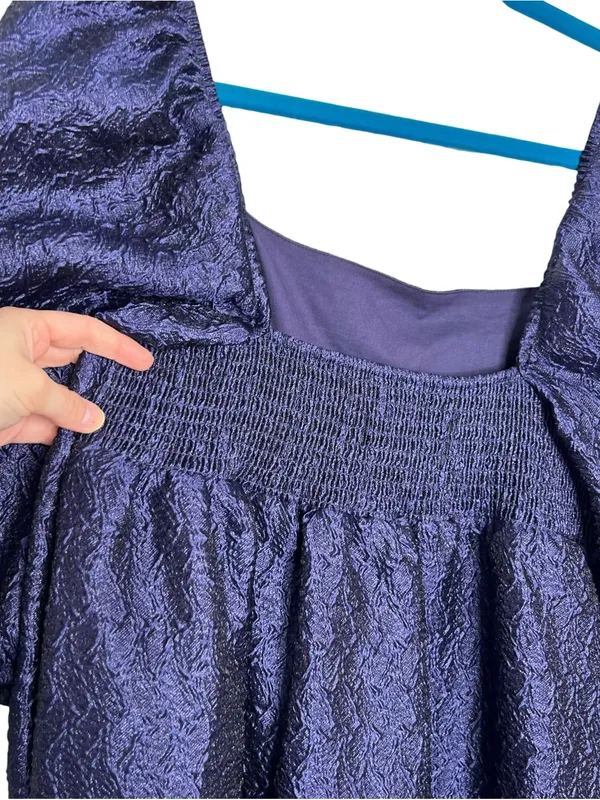 NWT Anthropologie Navy Blue Textured Puff Sleeve Dress - Image 9