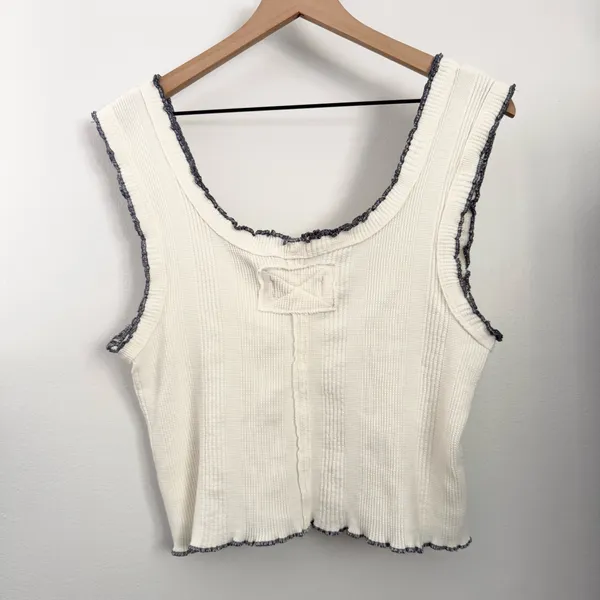 Free People Large Caramel Tank White Ivory Lettuce Trim Rib Knit Boxy Fit - Image 4