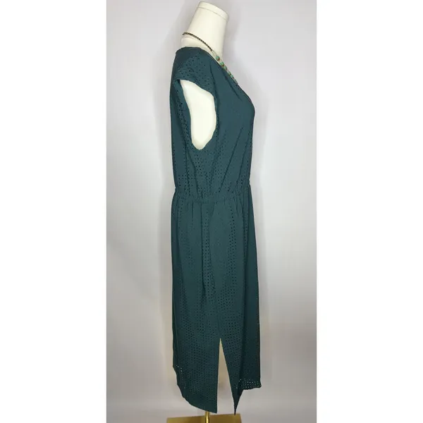 J.Crew‎ Teal Textured Perforated Midi Dress Elastic Waist Size 10 - Image 3
