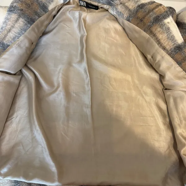 Zara Women Wool Blend Shacket S White Tan Gray Plaid Oversized Shirt Jacket - Image 9