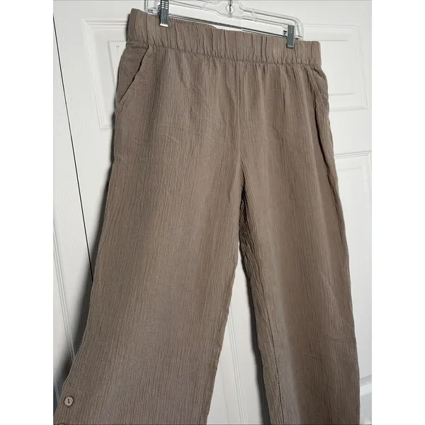 Soft Surroundings Wide Leg Pants Womens Size L Tan Gauze Button Hem Coastal - Image 2