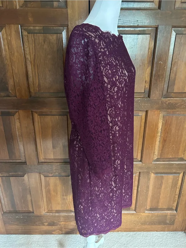 Adrianna Papell Size 16 Dress Purple Floral Lace Long Sleeve Shift‎ Scalloped - Image 3