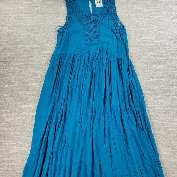 Anthropologie x Mermaid Macrame Maxi Dress M Blue Rayon Flowy Coastal Vacation - Image 13