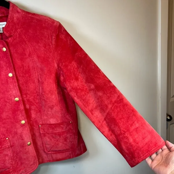David Brooks Suede Jacket Red Snap Front Pockets Moto Minimalist Sz Large Petite - Image 4