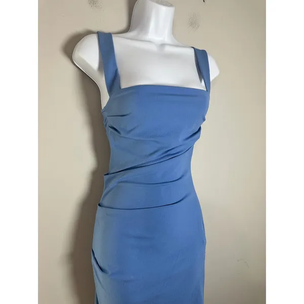Zara Women Blue Ruched Square Neck Sleeveless Midi Bodycon Dress Size S - Image 4