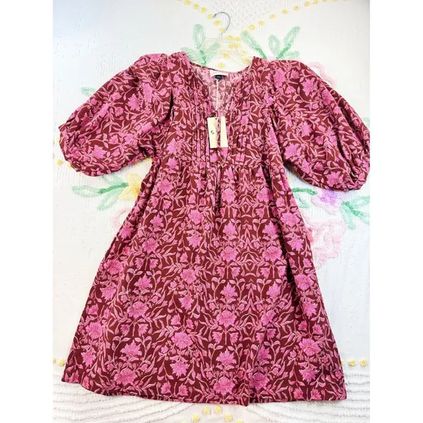 Universal Thread Womens Floral Pintuck Balloon Sleeve Mini Dress Burgundy XS‎ - Image 2