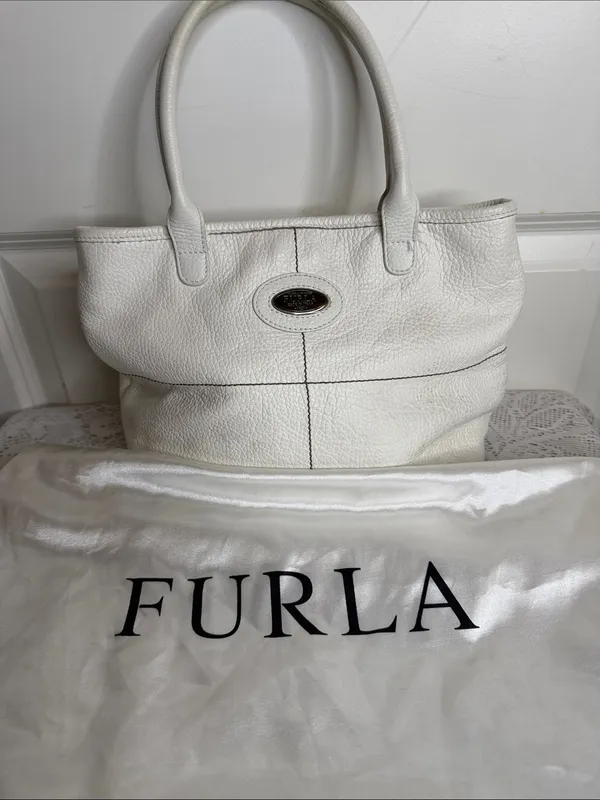 Italian Furla White Pebbled Leather Top-Handle white handbag purse - Image 2
