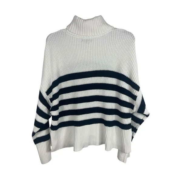 Quince Organic Cotton Striped Turtleneck Sweater Ivory Black Oversized XL - Image 2