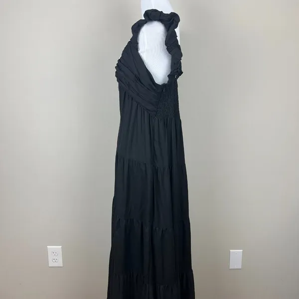 Jason Wu‎ Maxi Dress Womens Large Black Tiered Linen Blend Pleated A-Line L FLAW - Image 10