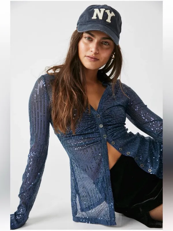 Free People Sequin Shirtee Small Varsity Navy Button Up Party Statement Holiday - Image 3
