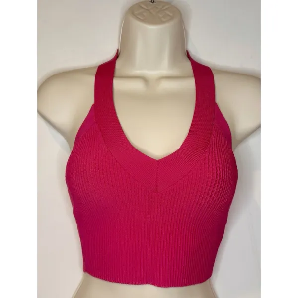 Babaton Sculpt Knit Ribbed V-Neck Halter Top Hot Pink Size XS EUC!! - Image 2