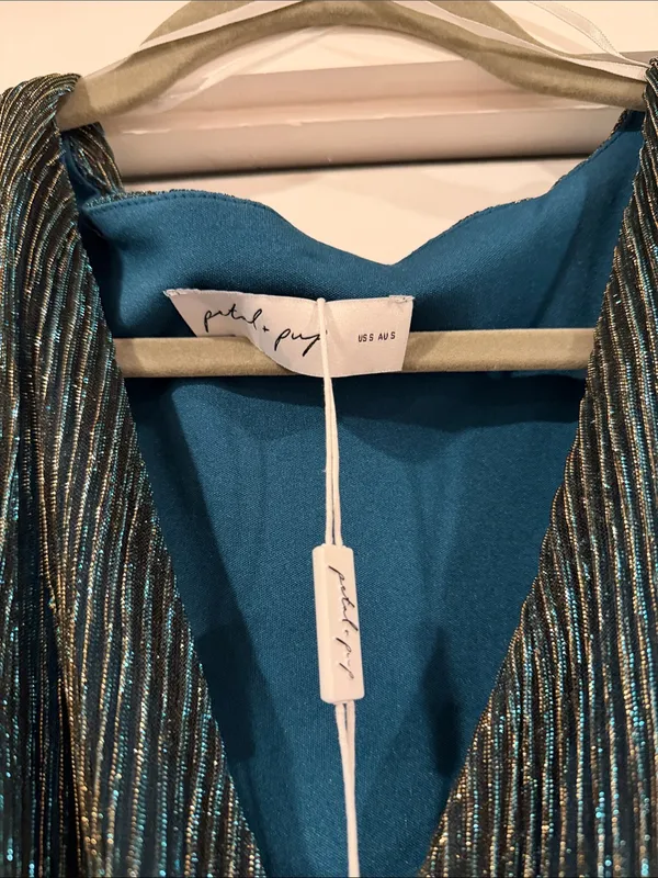 Petal‎ & Pup Shimmery Teal Wrap Jumpsuit with Tie Waist small - Image 5