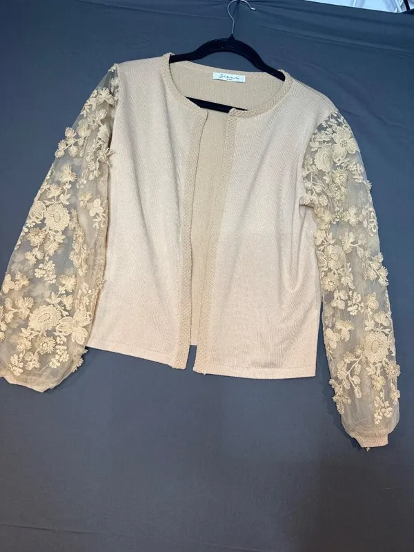 Sioni Milano Womens Medium Floral Embroidered Mesh Sleeve Cardigan Romantic - Image 2