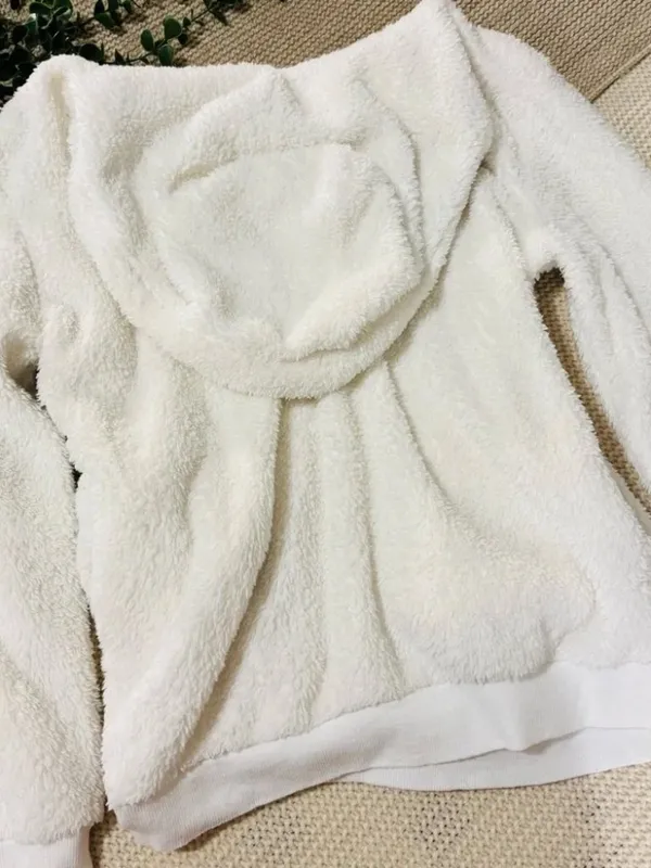 Cozy White Sherpa Teddy Fleece Quarter-Zip Hoodie Pullover - Size Medium - Image 3