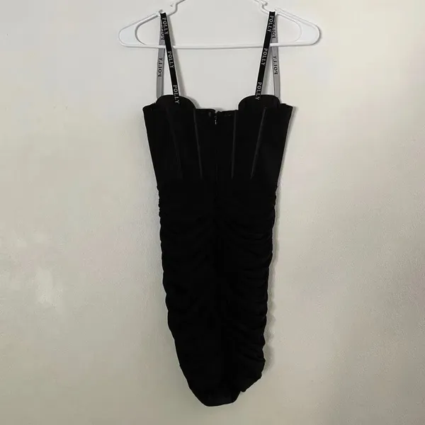 Oh Polly Black Ruched Corset Mini Dress US 2 Bodycon Bustier Party - Image 3