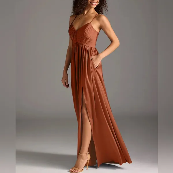 Azazie Alia bridesmaid gown NWT A6 Cedar Rose A-line Pleated Stretch Satin Dress - Image 6