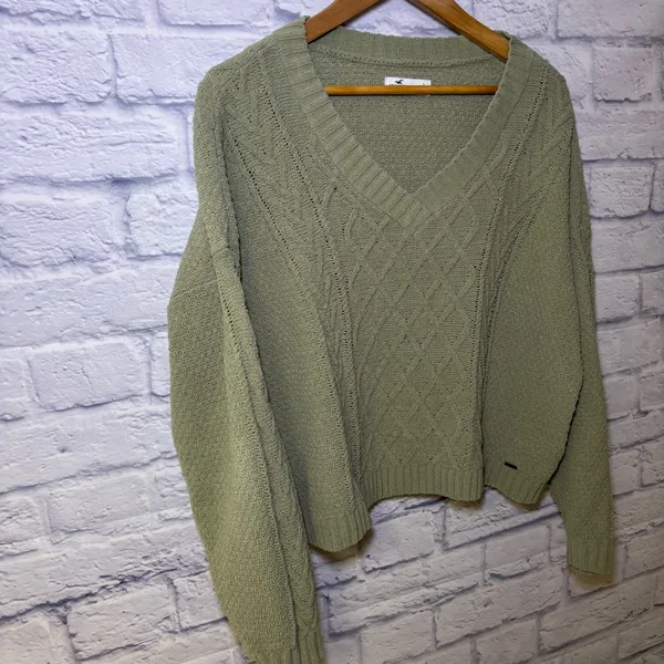 Hollister Women's Green Large V-Neck Cable-Knit Cardigan Hipster Teenager - Image 5