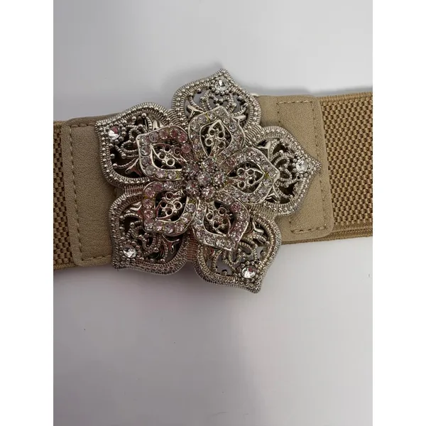 Rhinestone Floral Stretch Waist Belt Y2K Boho‎ Glam Beige 40" - Image 4