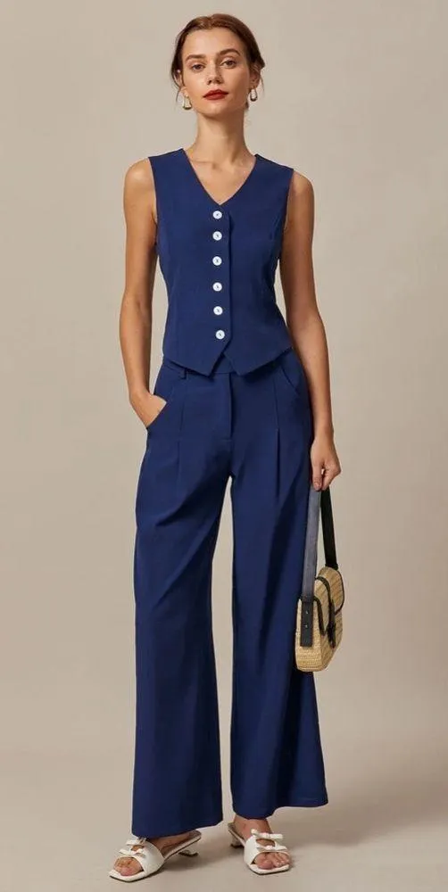 Rihoas Navy High Waisted Pockets Straight Pants - Image 2