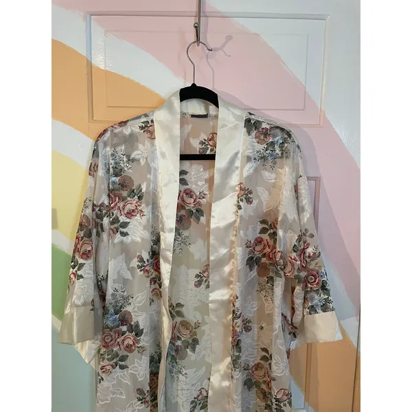 Vintage Kathryn Sheer Floral Lace Kimono Robe Duster Cover Up Satin Size Small - Image 3