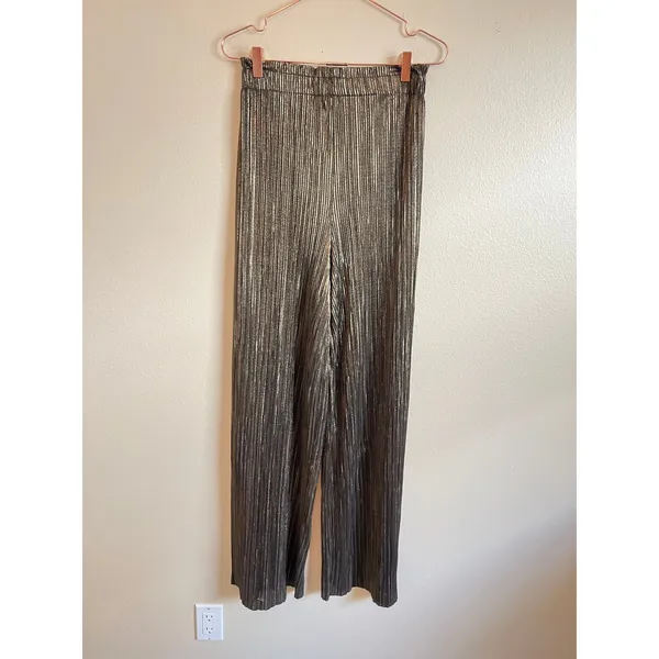 Zara Pants Women Small‎ Gold Wide Leg Pleated Metallic High Waist Party Holiday - Image 4