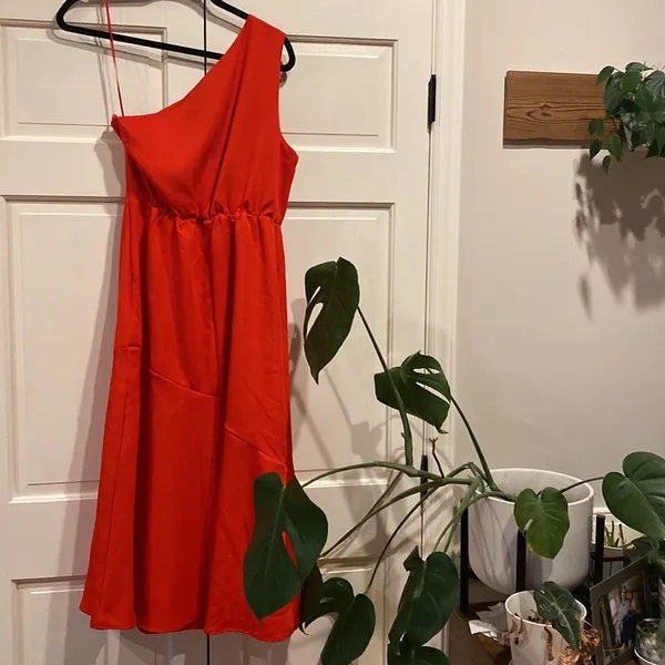 Sam Edelman One Shoulder Midi Dress Red Orange Asymmetrical Cocktail Party Dress - Image 4