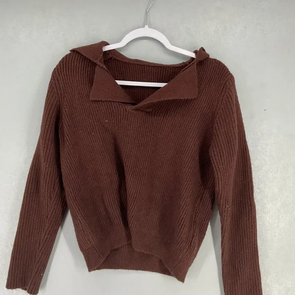 Commense Womens Sweater Brown Ribbed Knit Polo Collar Long Sleeve Small - Image 2