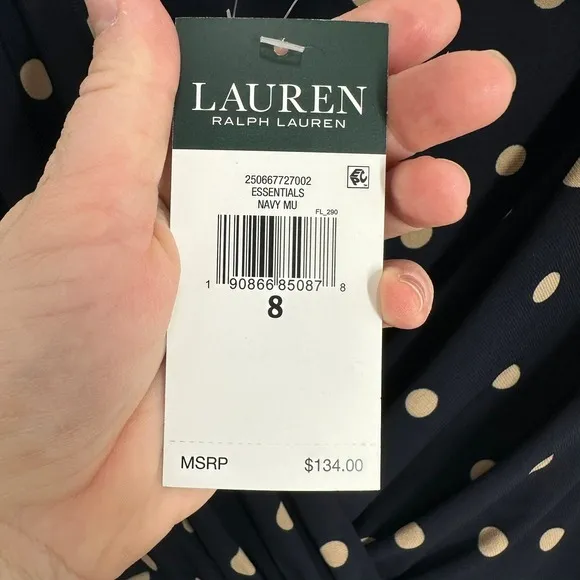 Lauren Ralph Lauren Navy Blue Tan Polka Dot Ruched Sheath Dress‎ Size 8 NWT - Image 4