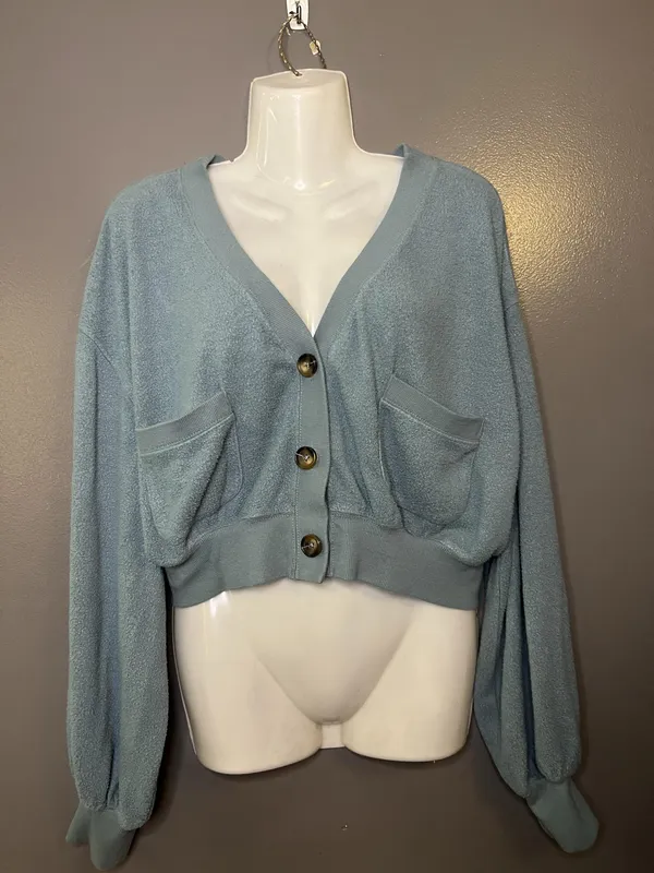 Urban Outfitters Cardigan Sweater Womens Large Green Knit Cropped Pockets - Image 2