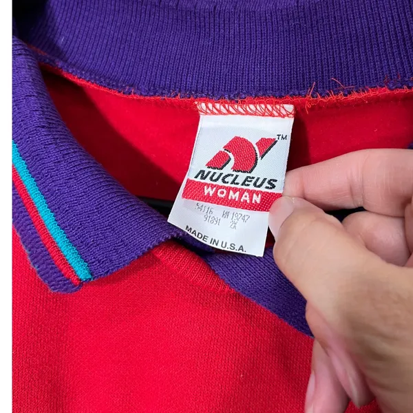 Vintage Nucleus Red Patterned Knit‎ Collar Pullover Sweater Retro 90s Top 2X - Image 7