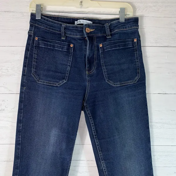 ZARA blue High Rise Cropped Jeans Raw Hem Retro Pockets Womens 6 - Image 2