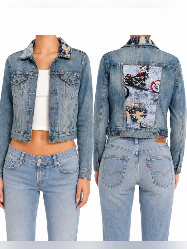 Levi’s XS Custom Motorcycle Graphic Cropped Denim Trucker Jacket - Image 2