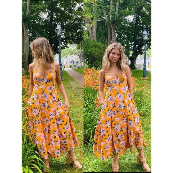 Free People Finer Things Printed Halter Midi Dress Sunshine Combo Medium - Image 5
