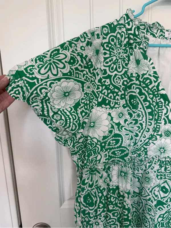 Chic Soul 2X Green White Floral Tiered Midi Dress Puff Sleeve Pockets‎ - Image 4