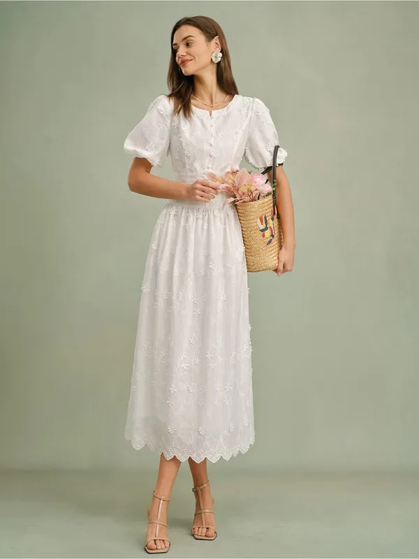 Rihoas White Round Neck Floral Midi Dress - Image 5