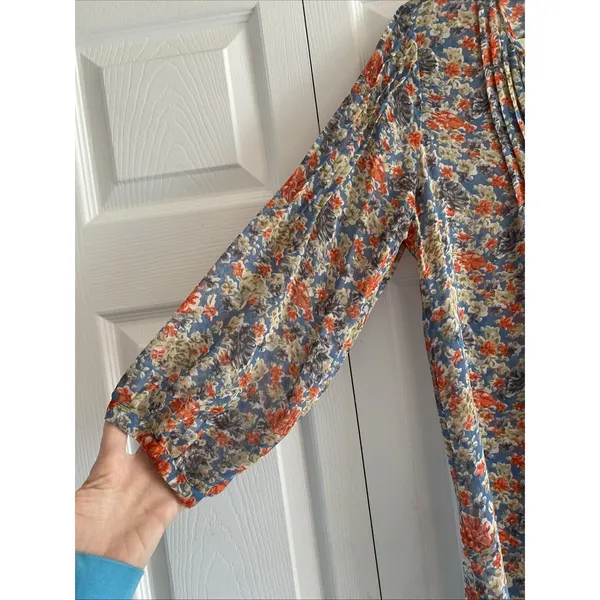 Joie Floral Silk‎ Pintuck Blouse Womens Size S Blue Orange V-Neck 3/4 Sleeve Top - Image 4