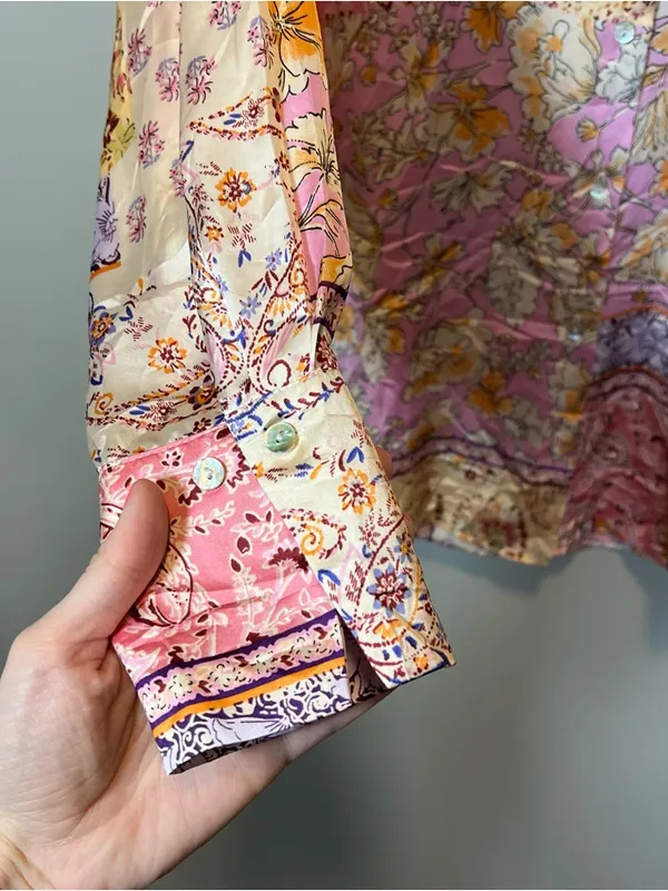 Zara Flowy Satin Button Down‎ Shirt Floral Paisley New Pink Small - Image 6