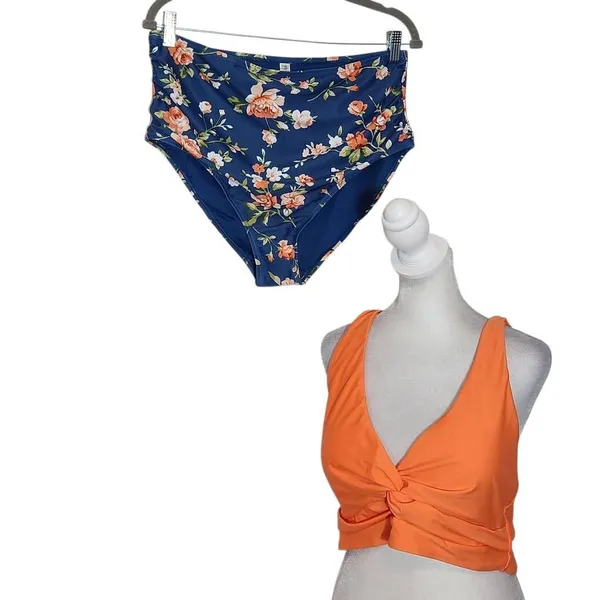 Tempt Me Orange and Blue Floral Bikini with High Waist Bottoms NWT Size XXL - Image 2