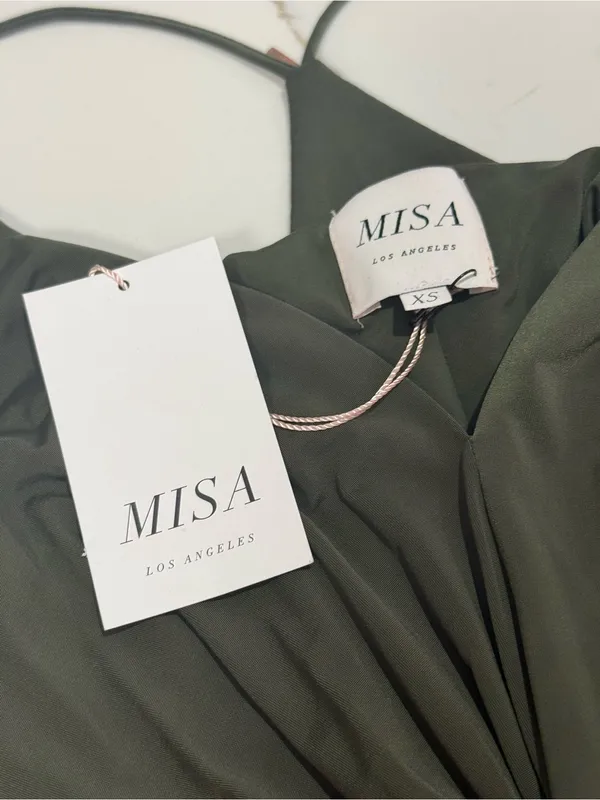 MISA Domino Tie Front Draped Ruched Knee Length Dress Olive Green Size XS NWT - Image 6